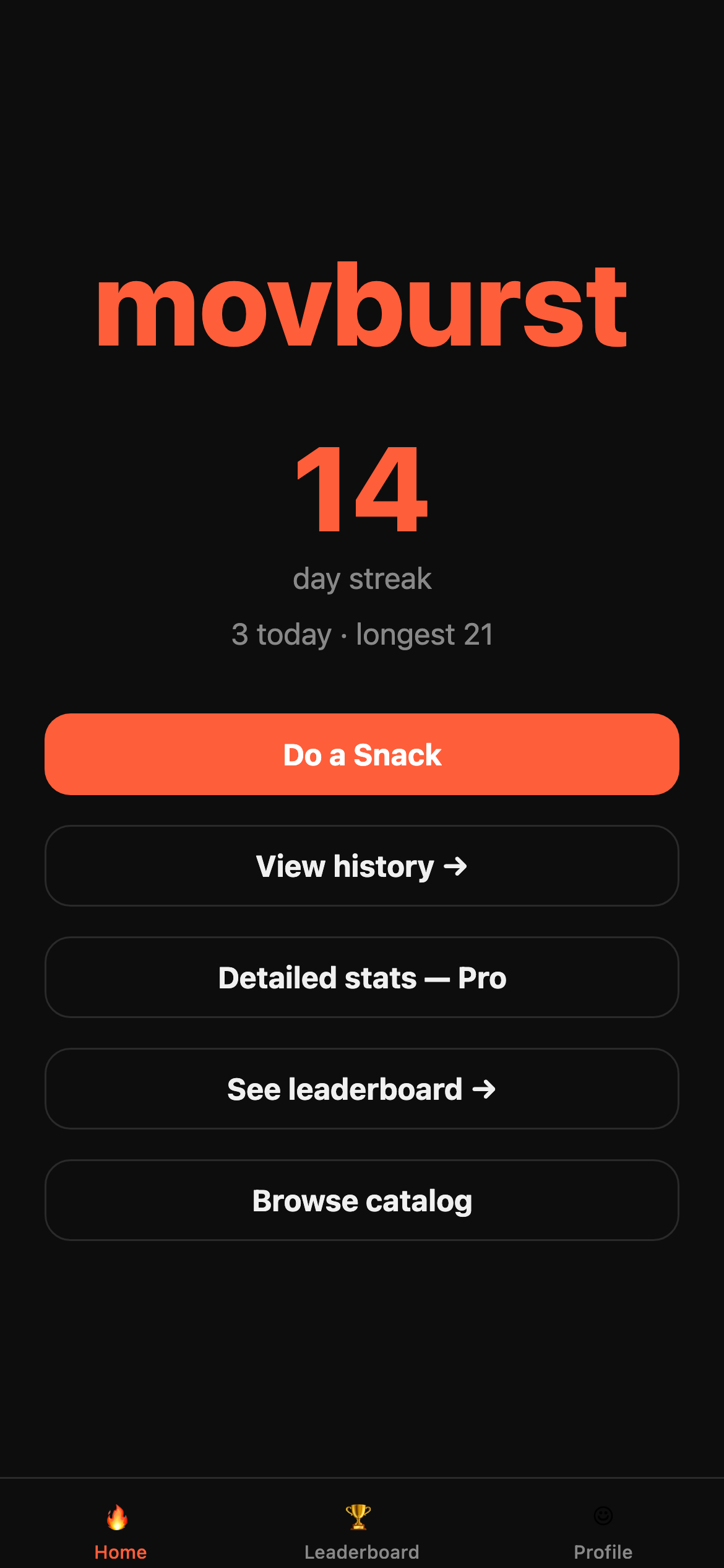 Movburst home screen showing a 14-day movement streak